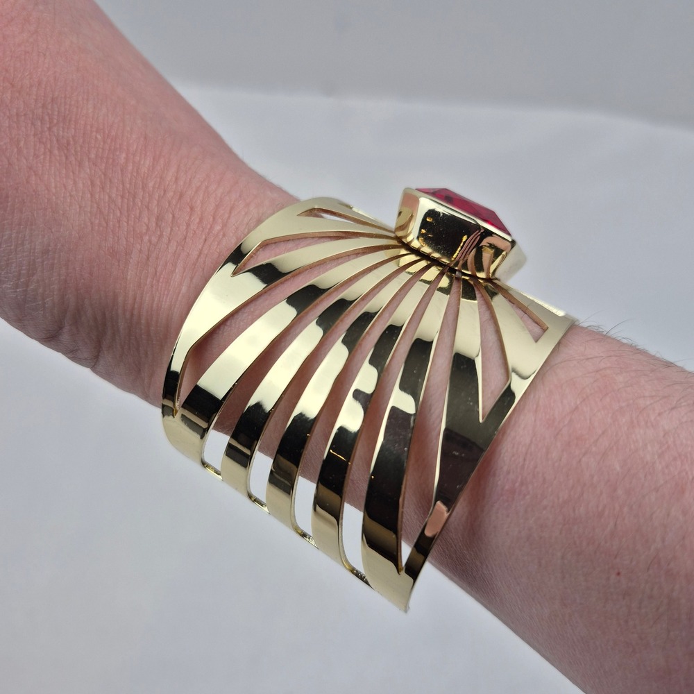 Heidi Daus Sunray Goldtone Octagonal Stone Cuff Bracelet Red Art Deco Style NWOT - Picture 3 of 9